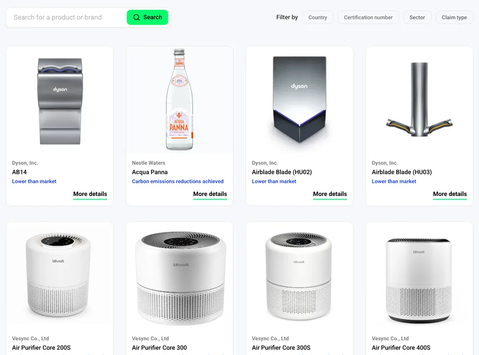 Carbon Trust label directory: search with filters by country, certification, sector and claim type